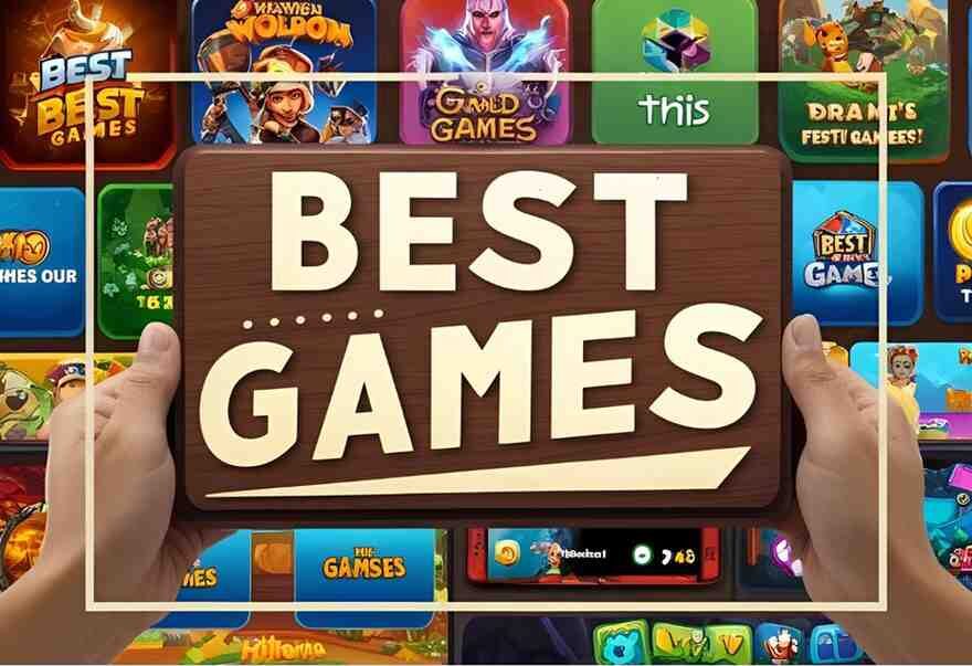 A variety of vibrant and engaging game interfaces and logos are shown, suggesting a curated list or discussion of the best games.