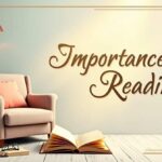 The image depicts a well-lit room with a plush armchair, a lamp, and an open book, emphasizing the importance of reading.